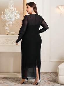 Ellevyn 大码优雅常规肩部长袖网纱拼接透视连衣裙 - 黑色 - 查看 3