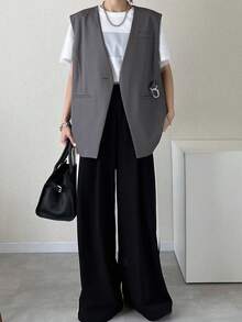 FRIFUL Áo blazer nữ màu xám trơn dáng rộng cổ chữ V có túi trang trí, kiểu dáng thường ngày. - Xám - Xem 3
