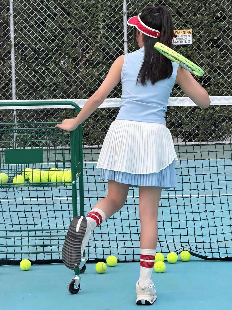 Girls' Summer Collared Sleeveless Top And Pleated Skirt Sports Suit Set