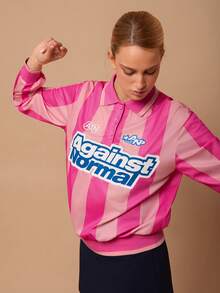 SURIMA Áo thun nữ màu hồng sọc kiểu jersey, thêu chữ tiếng Anh và cổ áo bo gân màu hồng. - Nhiều màu - Xem 1