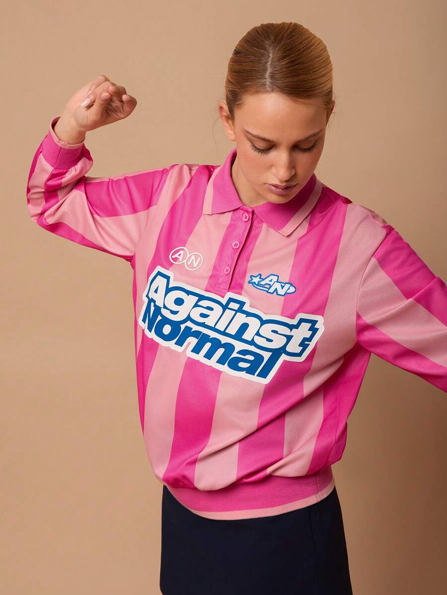 SURIMA Áo thun nữ màu hồng sọc kiểu jersey, thêu chữ tiếng Anh và cổ áo bo gân màu hồng. - Nhiều màu - Xem 1