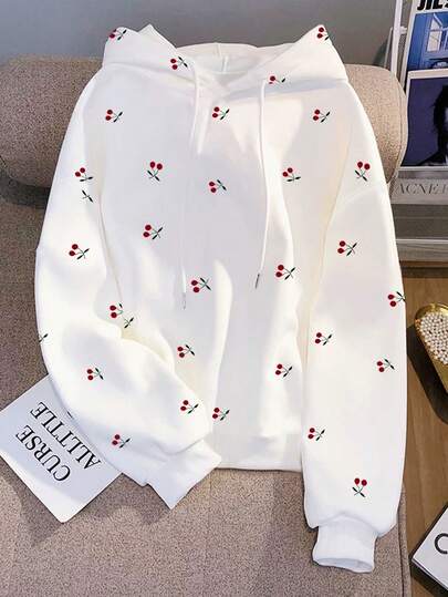 Resyla Sweet Red Cherry Print, Plus Size Super Loose White Hooded Women's Thermal Lined Sweatshirt, Perfect For Fall And Winter, Currently Trending, Stylish And Fashionable New Year's Sweatshirt, Gift For Siblings, Gift For Sisters, Gift For Mom, Mother's Day Gift, Casual Minimalist Fashion Top.