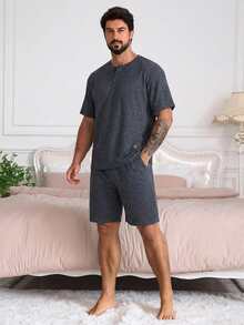 DAZY Men's Summer Short Sleeve Shirt And Shorts Pajama Set - Blue - View 3