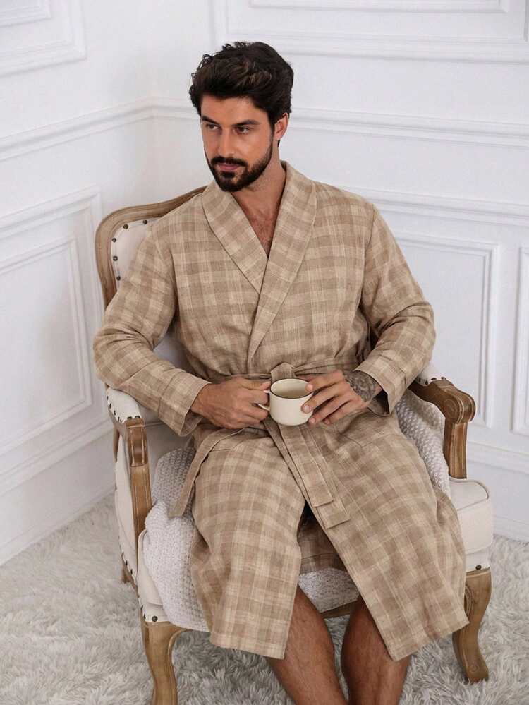 Men's Long Khaki Robe With Drawstring Waist, Spring/Summer