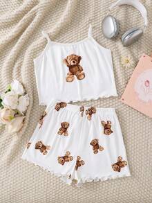 SHEIN Tween Girl Bear Pattern Knit Camisole And Shorts 2 Pieces Pajama Set - White - View 5