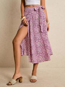 Poéselle 女士夏季沙滩度假碎花裹身系腰半身裙 - 紫色 - 查看 7