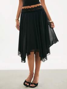 Poéselle Women's Elegant Contrast Lace Asymmetric Hem Skirt, Suitable For Dates And Commuting  Elegant Skirt  Valentine's Day Outfit  Daily & Date Night Essential   From Spring To Summer   Valentine's Day Outfit - Black - View 5