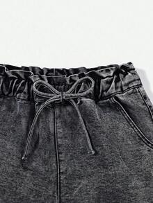 SHEIN Holidaya 纯色编织腰带抽绳休闲卷边夏季百搭牛仔短裤 - 黑色 - 查看 4