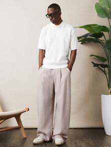 SUMWON 男士宽松版型利落腰身亚麻质感阔腿休闲裤夏季透气宽松长裤春季度假沙滩裤 - 杏色 - 查看 4