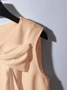 GlowEve 女士白色圆领腰部系带蝴蝶结无袖优雅迷你连衣裙 - 香檳色 - 查看 4