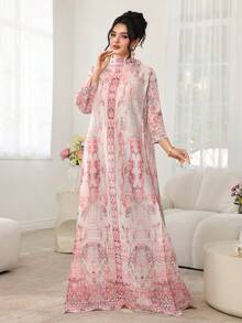 Modelyn Pink Long Sleeve Printed Pleated Maxi Abaya Dress For Women - Pink - View 4