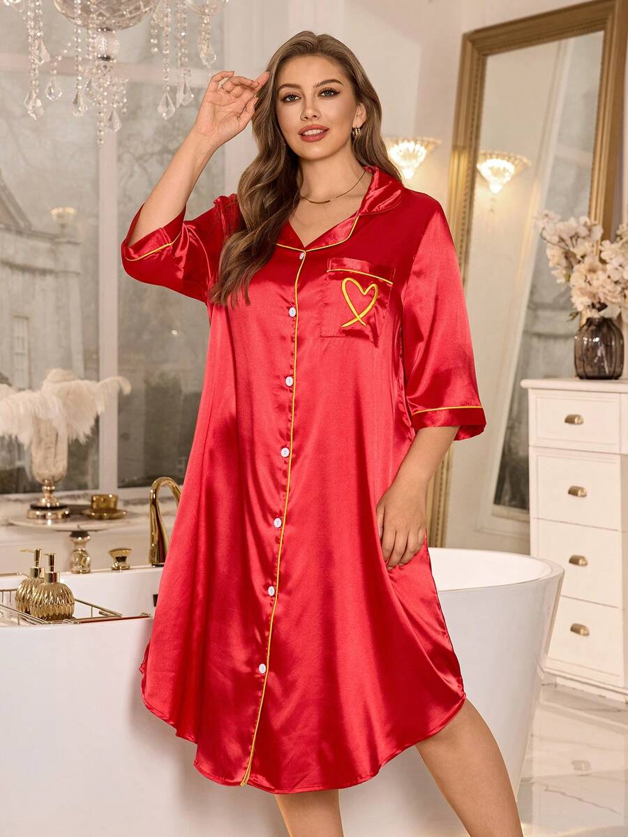 SHEIN 优雅红色仿丝绸心形刺绣黄色滚边七分袖睡袍，女士睡衣家居服 - 紅色 - 查看 1