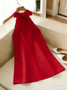 Firerie Kids Vestido de línea A con escote de halter rojo elegante para niña preadolescente - Rojo - Ver 2