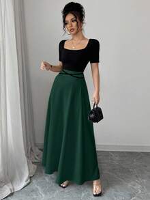 Rafferiza 女士优雅修身系腰旗袍连衣裙，短袖方领拼接中国风印花 - 彩色 - 查看 4