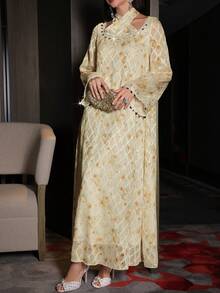 Yasmyna 女士优雅阿拉伯风格编织纹理长袖亮片荷叶边系带连衣裙，春夏款 - 彩色 - 查看 7