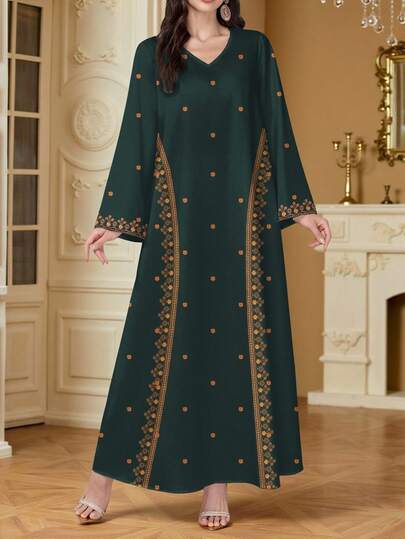 SHEIN Najma 印花长裙，V领长袖女式连衣裙，优雅阿拉伯风格，春夏款