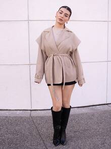 Andrea Bello Autumn And Winter Women's Commuter Fashion Trench Coat, Autumn Women's Trench Coat, Khaki Women's Trench Coat, Women's Autumn Clothing, Autumn And Winter Essentials, Trench Coat Casual Wear.,Fall - Khaki - View 6