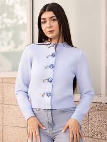 Andrea Bello Áo len họa tiết hoa đính đá thời trang thu đông dành cho nữ - Màu xanh lam - Xem 4