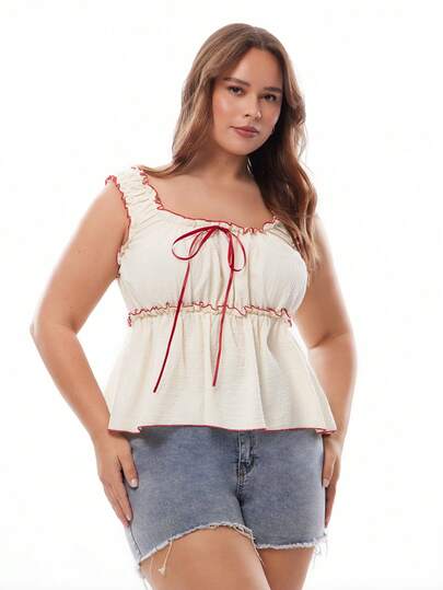 Solavibe Blusa de tela texturizada con decoración delantera y trasera, con ribete de contraste, para mujer talla grande, para primavera/verano