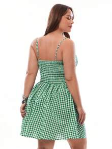 Solavibe 大码女士休闲度假连衣裙，前系腰带A字型格纹面料，春夏款 - 綠色 - 查看 3