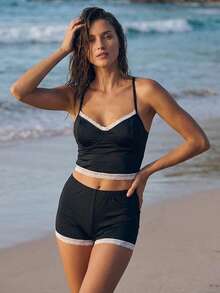 Maija Women's Summer Beach Lace Patchwork Halter Sexy Bikini Swimsuit Set - Black - View 4