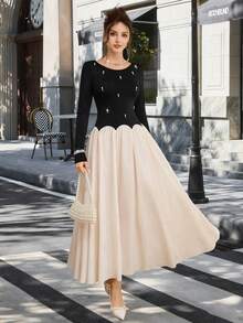 SHEIN LUNE Women's Knitted & Woven Fabric Round Neck Long Sleeve Fitted Waist Splice Mesh A-Line Dress,Black And Beige,Autumn,Elegant,Tea Party,Glamorous,Outing - Multicolor - View 2