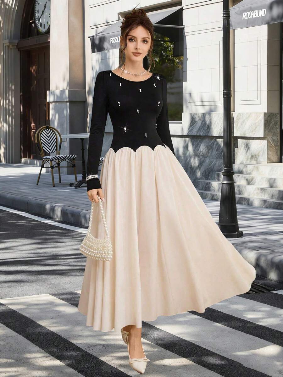 SHEIN LUNE Women's Knitted & Woven Fabric Round Neck Long Sleeve Fitted Waist Splice Mesh A-Line Dress,Black And Beige,Autumn,Elegant,Tea Party,Glamorous,Outing