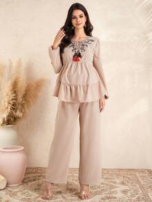 Momance Maternity Casual Embroidered V-Neck Top & Pants Set - Khaki - View 3