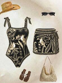 SHEIN Swim Oasis 女士高端度假鹦鹉印花裹身连衣裙带裙 - 彩色 - 查看 1