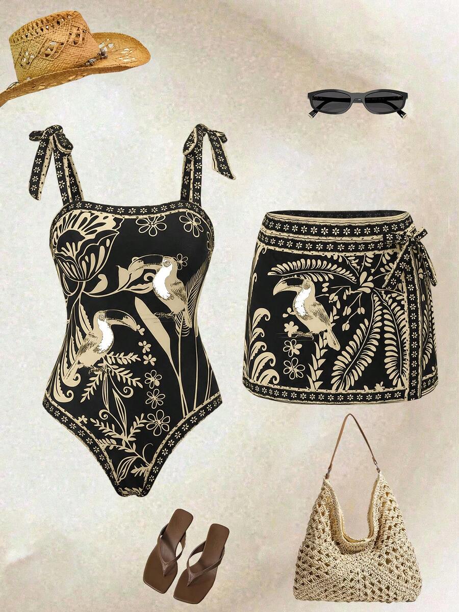 SHEIN Swim Oasis 女士高端度假鹦鹉印花裹身连衣裙带裙 - 彩色 - 查看 1