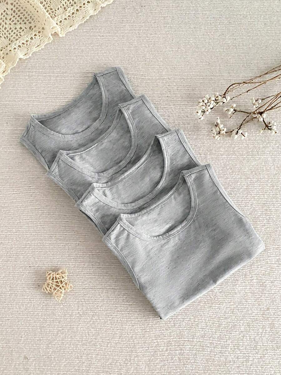 SHEIN 4件套 男童简约纯色舒适无袖打底衫 - 灰色 - 查看 1