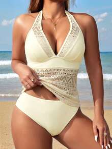 SHEIN Swim Lushore 女士休闲度假沙滩V领露背镂空吊带背心泳衣套装 - 米色 - 查看 1
