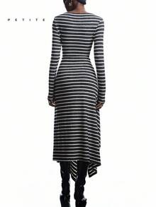 LYSMO Petite 2026 New Arrive Minimalism Spring/Summer Women's Balck And White Stripe Fashion Asymmetrical Hem Long Dress Spring Outfit Women Business Casual Office Outfits Going Out Dress - Grey - View 2