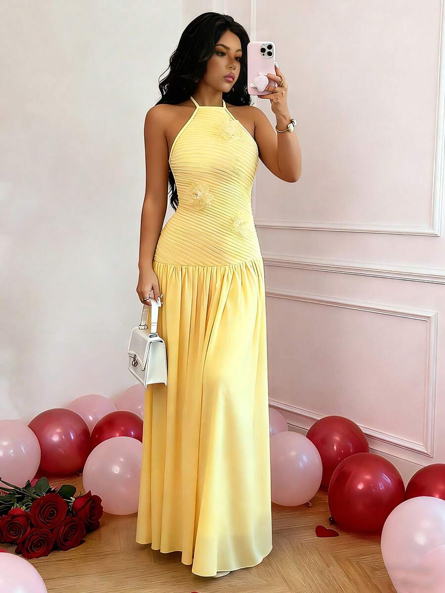 Rafferiza 女士优雅度假风3D立体花卉露背系带连衣裙，适合约会和夏季穿着 - 淡黃色 - 查看 1