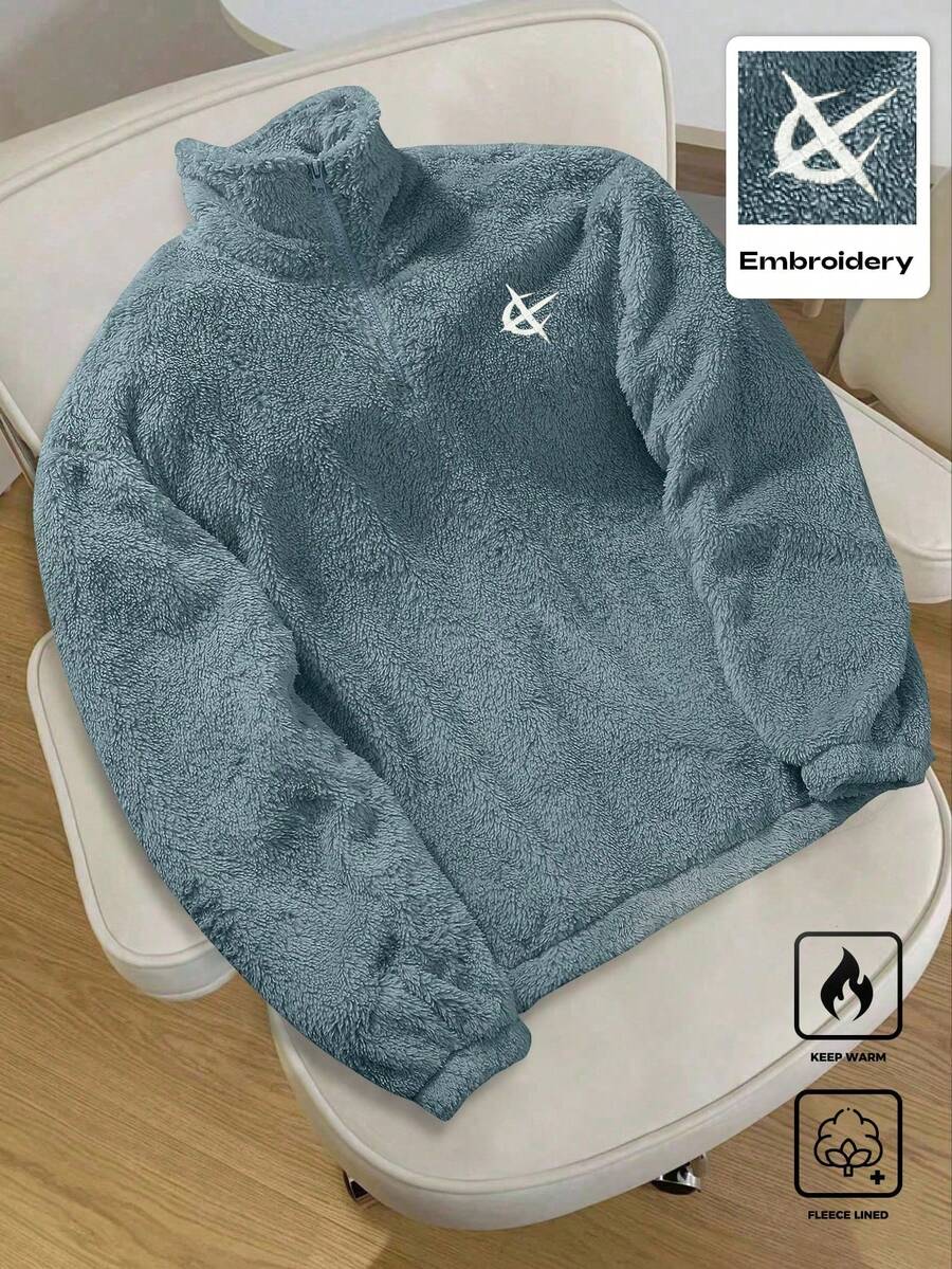 Manfinity Hypemode 1pc Men's Pullover Sweatshirt,Dark Gray Fleece Lining,Embroidered Design,Bold Personalized,Dusty Blue,Autumn,Casual,Modest,Holiday,Sports,Commute Gift - Dusty Blue - View 1