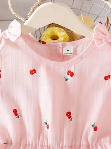 Genkimix Kids Young Girls Cute Cherry Print Camisole With Bow, Button Back Waist Tie Wide Leg Casual Jumpsuit - Pink - View 3