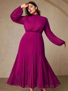 Aveloria Rosie Đầm maxi sang trọng kiểu Pháp bằng lụa giả chiffon, màu trơn cổ điển, phong cách cung đình retro, cao cấp, thanh lịch, dáng chữ A xòe rộng giúp tôn dáng, cổ áo xếp ly với khóa kéo ẩn phía sau, thiết kế cổ cao và tay phồng, lớp lót thoải mái, phù hợp cho mặc hàng ngày, hẹn hò, tiệc tối, kỳ nghỉ. - Màu đỏ tím - Xem 4