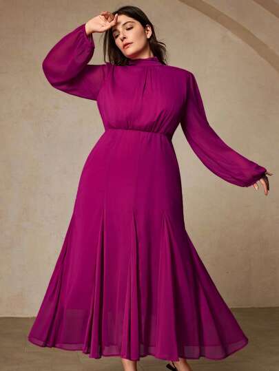 Aveloria Rosie French Luxury Elegant Faux Silk Chiffon Maxi Dress, Classic Solid Color Retro Palace Style, High-End Elegant, Slimming A-Line Flared Skirt, Back Cowl Neck Invisible Zipper, Turtleneck Puff Sleeve Design, Comfortable Lining, Suitable For Daily, Dating, Evening Party, Vacation