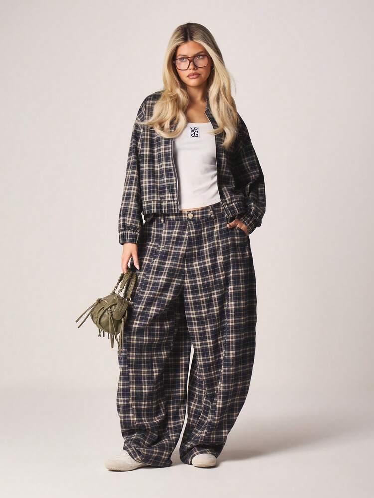 MISSGUIDED チェック柄ワイドレッグバルーンパンツ ハイライズ ルーズフィット カジュアルパンツ サイドポケット 秋冬
