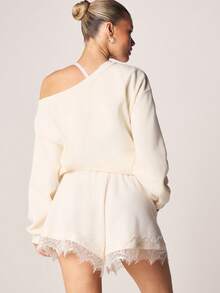 MISSGUIDED 女士高腰蕾丝边舒适短裤，弹性腰带设计，适合休闲夏季居家服和日常穿着。 - 杏色 - 查看 3