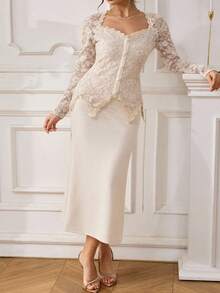 Modelyn Plus Size Women Square Neck Lace Patchwork Button Waist Bodycon Dress - Apricot - View 6