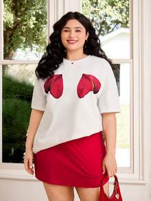 SHEIN EZwear 2026 Spring & Summer Valentine's Day Vacation New Style Casual Outdoor Daily Casual Party Date Music Festival Back To School New Year Comfortable Style White Short Sleeve T-Shirt With Plant Heart Print & Red Elastic Fitted Short Skort Contrast Color Plus Size 2-Piece Set - Multicolor - View 1