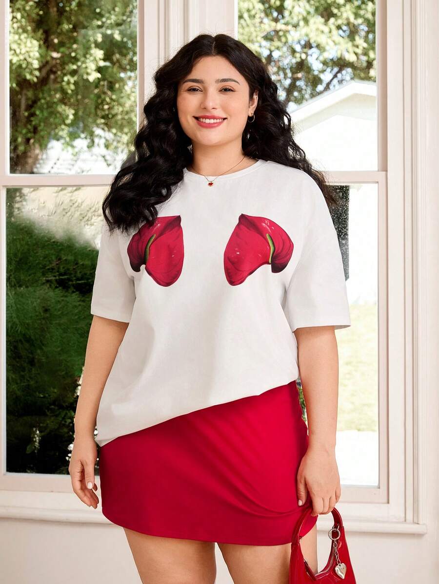 SHEIN EZwear 2026 Spring & Summer Valentine's Day Vacation New Style Casual Outdoor Daily Casual Party Date Music Festival Back To School New Year Comfortable Style White Short Sleeve T-Shirt With Plant Heart Print & Red Elastic Fitted Short Skort Contrast Color Plus Size 2-Piece Set - Multicolor - View 1