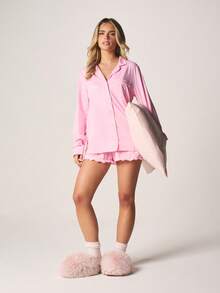 Missguided x Playboy Long Sleeve Button Front Shirt With Elastic Waist Ruffle Hem Shorts Pajama Sleep Set Loungewear Nightwear - Pink - View 4