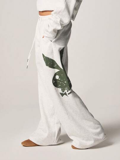 Missguided x Playboy 女士兔子标志阔腿慢跑运动裤，配有抽绳腰带和侧袋，适合休闲居家穿着和日常穿着，舒适自在。