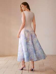 MOTF PREMIUM VESTIDO MIDI EVASÉ CON ESTAMPADO FLORAL ELEGANTE PARA MUJER - Azul - Ver 3