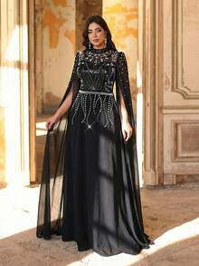 Aureia 大码优雅浪漫黑色圆领喇叭袖奢华亮片装饰雪纺A字连衣裙，适合婚礼、派对、正式场合（重工装饰设计） - 黑色 - 查看 3