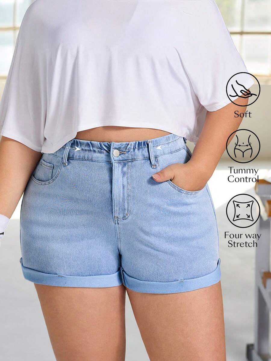 Flexra Plus Size Washed Denim Casual Shorts, Summer - Blue - View 1