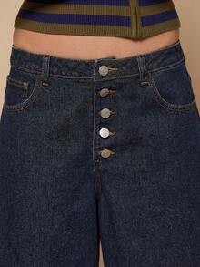 COUREZ 低腰阔腿牛仔短裤，靛蓝色水洗牛仔布，前部纽扣细节 / Y2K 春季女装街头风宽松牛仔短裤，适合外出派对、锐舞音乐节等场合，夏季短裤，夏季穿搭 - 深色水洗藍 - 查看 6