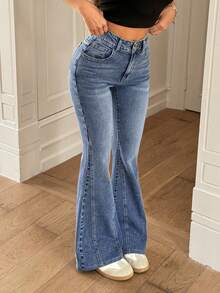 Rivivi 女士休闲日常通勤百搭修身喇叭牛仔裤 - 藍色 - 查看 4